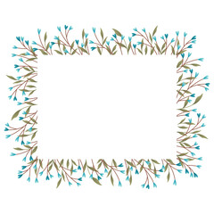 Horizontal rectangular frame design with blue heart branches and leaves.