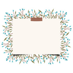 Horizontal rectangular frame design with blue heart branches , leaves, and washi taped paper panel.