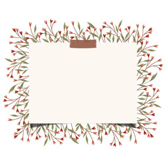 Horizontal rectangular frame design with pink and red heart branches, leaves, and washi taped paper panel.