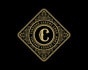 Luxury Logo Template with Luxurious Golden monogram crest and baroque style design for wedding invitation, Hotel, Boutique brand identity. Vector Illustration. 