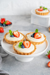 Delicious mini tarts with fresh berries and custard on a white plate on a gray concrete background. Copy space