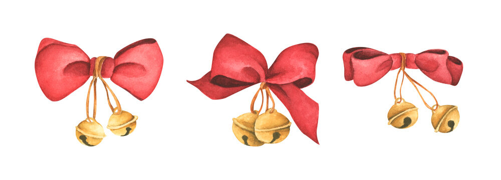Christmas decorations - red ribbons and bells isolated on white background. Watercolor Christmas card for invitations, greetings, holidays and decor.