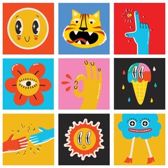 Big Set of Different colored Vector illustartion posters in Cartoon Flat design. Hand drawn Abstract shapes, funny Comic characters.