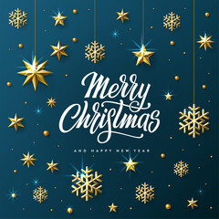 Fototapeta na wymiar Merry Christmas Golden Snowflake Blue Vector illustration.