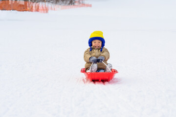 Fototapeta na wymiar Cute boys very happy and fun while sledging in the snow