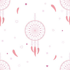 Seamless pattern with dream catcher and feathers. Tribal background with hand drawn boho style elements feathers, stars and dreamcatchers. Vector illustration for wrapping, textile or print design.