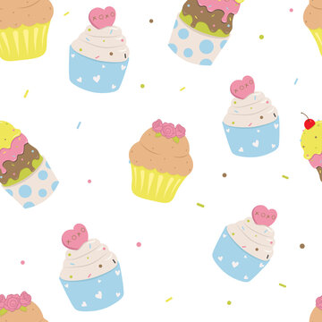 Birthday seamless pattern with cute sweets - ice cream,  cupcakes and confetti. Pink, blue , green, brown and yellow colors. Vector illustration, great for gift wrap, paper design. 