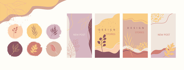 Obraz na płótnie Canvas Autumn social media stories and post templates set. Vector highlight covers or icons with hand drawn leaves