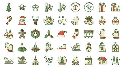 Winter Christmas outline coloured icon set on transparent background. Santa Claus, Christmas decorations, sale, tree, snowflakes, Christmas theme, church, presents, angel, gloves, socks
