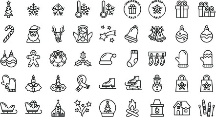 Naklejka premium Winter Christmas black outline icon set on transparent background. Santa Claus, Christmas decorations, sale, tree, snowflakes, Christmas theme, church, presents, angel, gloves, socks