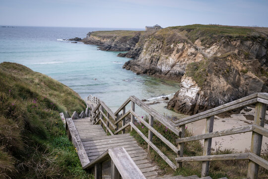 Wooden stairs to go down to the beach in Ferrol,Galicia,Spain