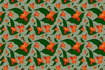 seamless patternSummer tropical hawaiian sale background with leaves and exotic flowers, blooming pomegranate, vector illustration. Pattern of orange flowers. Tropical floral print. Seamless pattern. 
