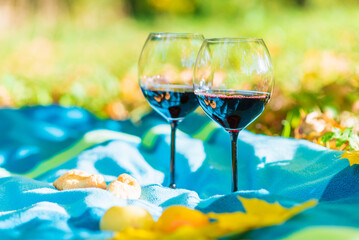 Two wine glasses cozy autumn picnic in the park apple and wine on warm plaid in yellow autumn leaves.Autumn outdoors picnic at sunny park.Selective focus.Blurred background.