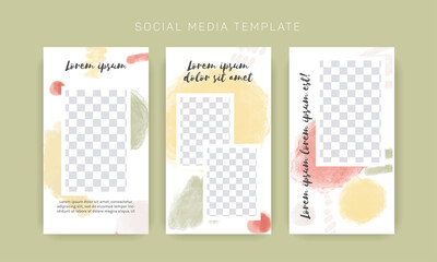 Vector template for social media and web design, with hand drawn watercolor blobs. Stories, set of 3