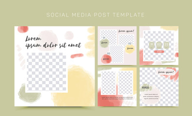 Vector template for social media and web design, with hand drawn watercolor blobs.Square posts, set of 5