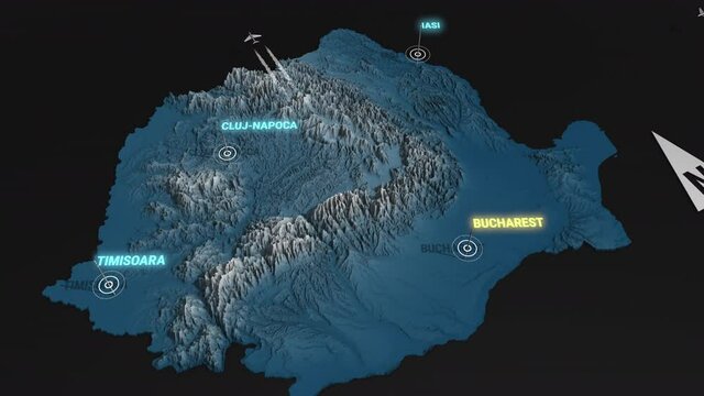 Seamless looping animation of the 3d terrain map at nighttime of Romania with the capital and the biggest cites in 4K resolution