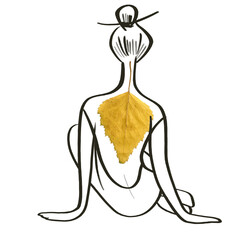 Female silhouette from the back, with a scanned autumn leaf.