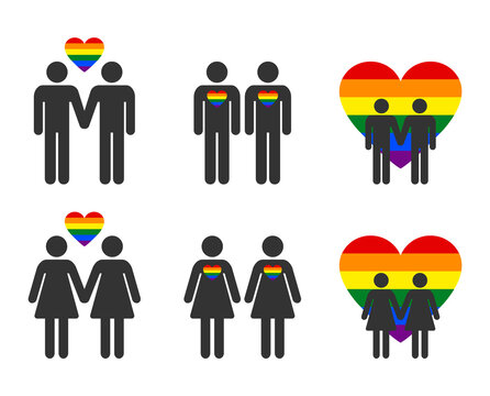 lgbt couple with heart icons set, rainbow hearts symbols, gay and lesbian