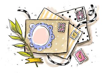 Letter Envelope Ribbon Note love Letter Romance Stamps Leaf Greenery