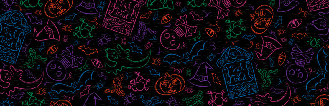 Banner with halloween decoration. Halloween greeting banner. Horizontal halloween background, headers, posters, cards, website. Vector illustration