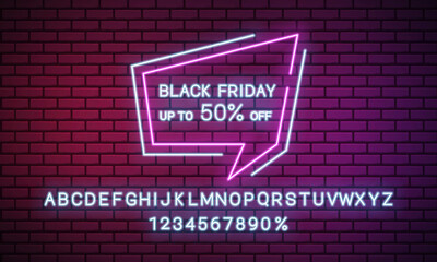 Fototapeta premium Banner for black Friday sale. Neon sign and alphabet on brick wall. Vector illustration.