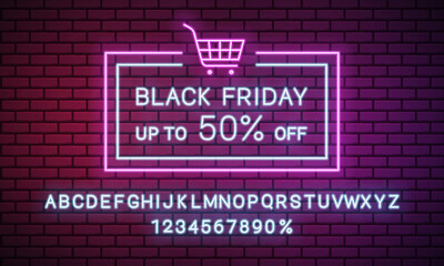 Obraz premium Banner for black Friday sale. Neon sign and alphabet on brick wall. Vector illustration.