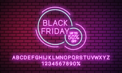 Banner for black Friday sale. Neon sign and alphabet on brick wall.  Vector illustration.