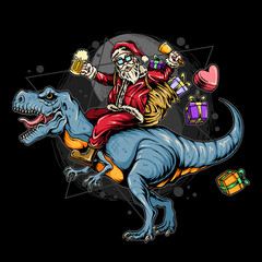 santa claus christmas riding a rex dinosaur carrying gifts