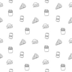 Seamless pattern background with pizza, cola, fried potatoes, sandwich, vector illustration EPS 10