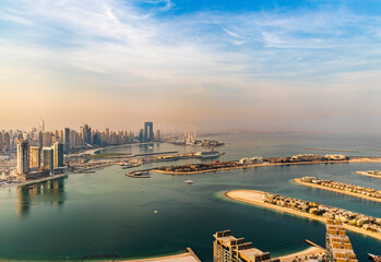 Fototapeta premium Dubai, UAE - 09.24.2021 Dubai city skyline on early morning hour. Dubai Marina. Urban