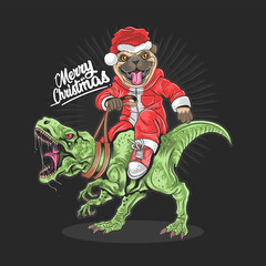 christmas santa claus pug dog riding a rex dinosaur