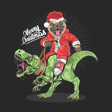 Christmas Santa Claus Pug Dog Riding A Rex Dinosaur