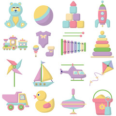 Fototapeta na wymiar Childrens toys, a set of vector toys for children. Cartoon childrens toys. Game activity, a set of characters for childrens entertainment.