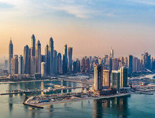 Fototapeta premium Dubai, UAE - 09.24.2021 Dubai city skyline on early morning hour. Dubai Marina. Urban