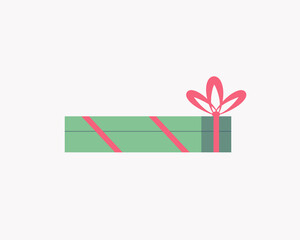 Small green gift box with red ribbon and bow. Christmas or new year design. Vector illustration isolated on a white background.