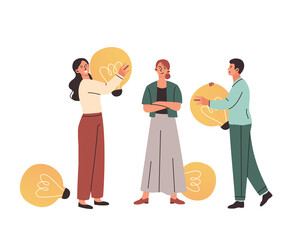 Group of young people is holding lightbulbs as a symbol of looking for new ideas on white background. Various people striving to catch new fresh ideas for job. Flat cartoon vector illustration