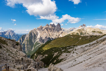 Sexten Dolomites from Tre Cime di Lavaredo. Peaks of Picco di Vallandro, Monte Rudo, Croda dei Rondoi, Torre dei Scarperi, Cima Piatta Alta. UNESCO world heritage site, Trentino-Alto Adige, Italy.