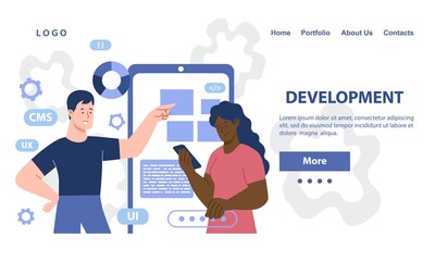 Male and female designers working on ui ux design or mobile application. Concept of studio or agency coding mobile app. Website, web page, landing page template. Flat cartoon vector illustration