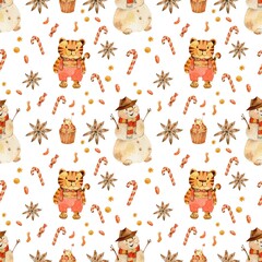 Tiger Christmas watercolor illustration snowman cupcake candy seamless pattern on white background 