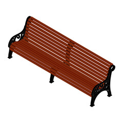 Brown wooden bench with a decorative ornate metal legs and armrests