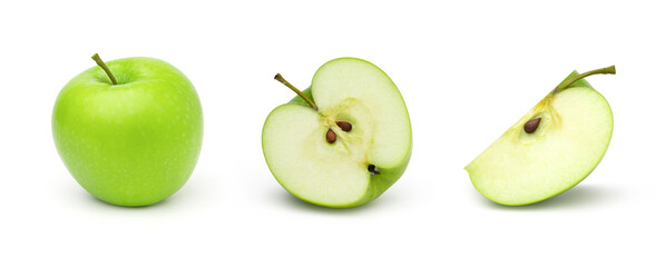apple fruit halves and slices isolated on white background, fresh green apple fruit,  full depth of field, collection.