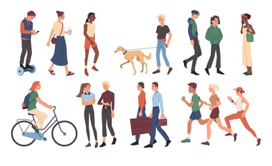Set with various male and female characters walking together on white background. People casually walking the dog outdoor, riding bicycle and running. Crowd on street. Flat cartoon vector illustration