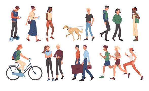 Set with various male and female characters walking together on white background. People casually walking the dog outdoor, riding bicycle and running. Crowd on street. Flat cartoon vector illustration