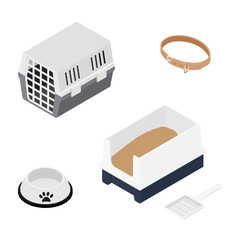 Pet accessories, food bowl, collar, scratching post, pet carrier and litter box