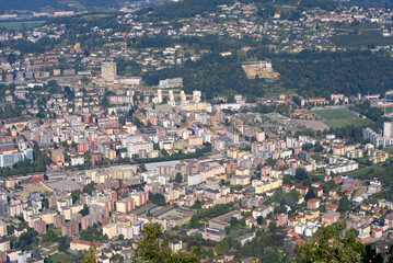 Aerial view of Lugano on a sunny late summer morning. Photo taken September 11th, 2021, Lugano, Switzerland.