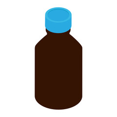 Brown glass bottle with blue screw cap isolated on white background isometric view.