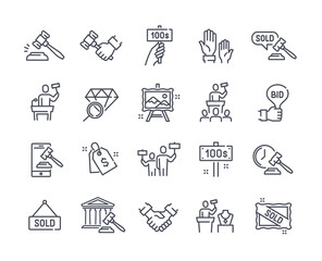 Set of auction related linear icons isolated on white background. Outline templates of price tag, deal, auctioneer and other elements. Flat cartoon vector illustration