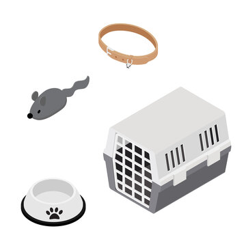 Pet accessories, pet carrier, food bowl, collar and toy vector icon set.