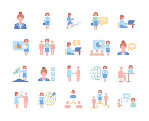 Set of businesswoman essential colorful elements on white background. Templates of handshake, meeting, female leader and other cute useful icons. Flat cartoon vector illustration