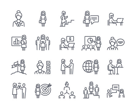 Set of businesswoman related linear icons on white background. Templates of handshake, meeting, female leader and other elements. Flat cartoon vector illustration